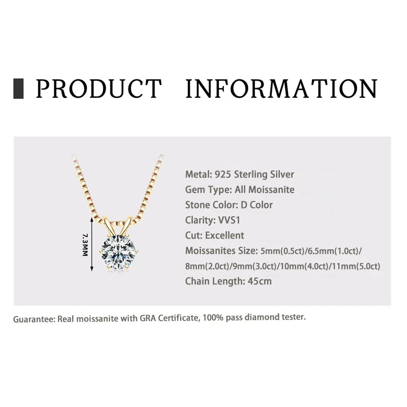 "GRA Certified 0.5-5ct Moissanite Pendant, 925 Sterling Silver Necklace, Elegant Gift for Women."