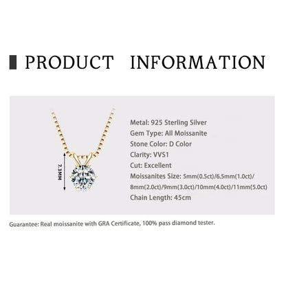 "GRA Certified 0.5-5ct Moissanite Pendant, 925 Sterling Silver Necklace, Elegant Gift for Women."