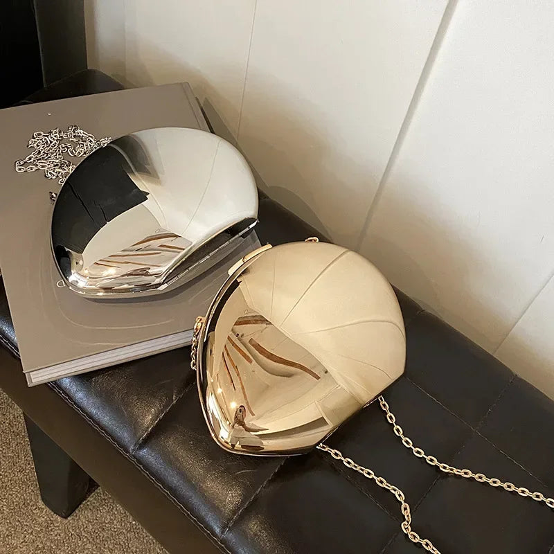 “Designer Acrylic Shell Clutch, Shiny Gold Silver Evening Crossbody Party Bag”