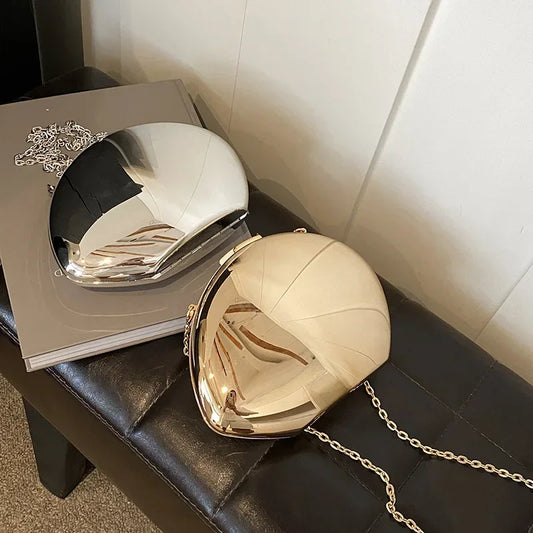 “Designer Acrylic Shell Clutch, Shiny Gold Silver Evening Crossbody Party Bag”