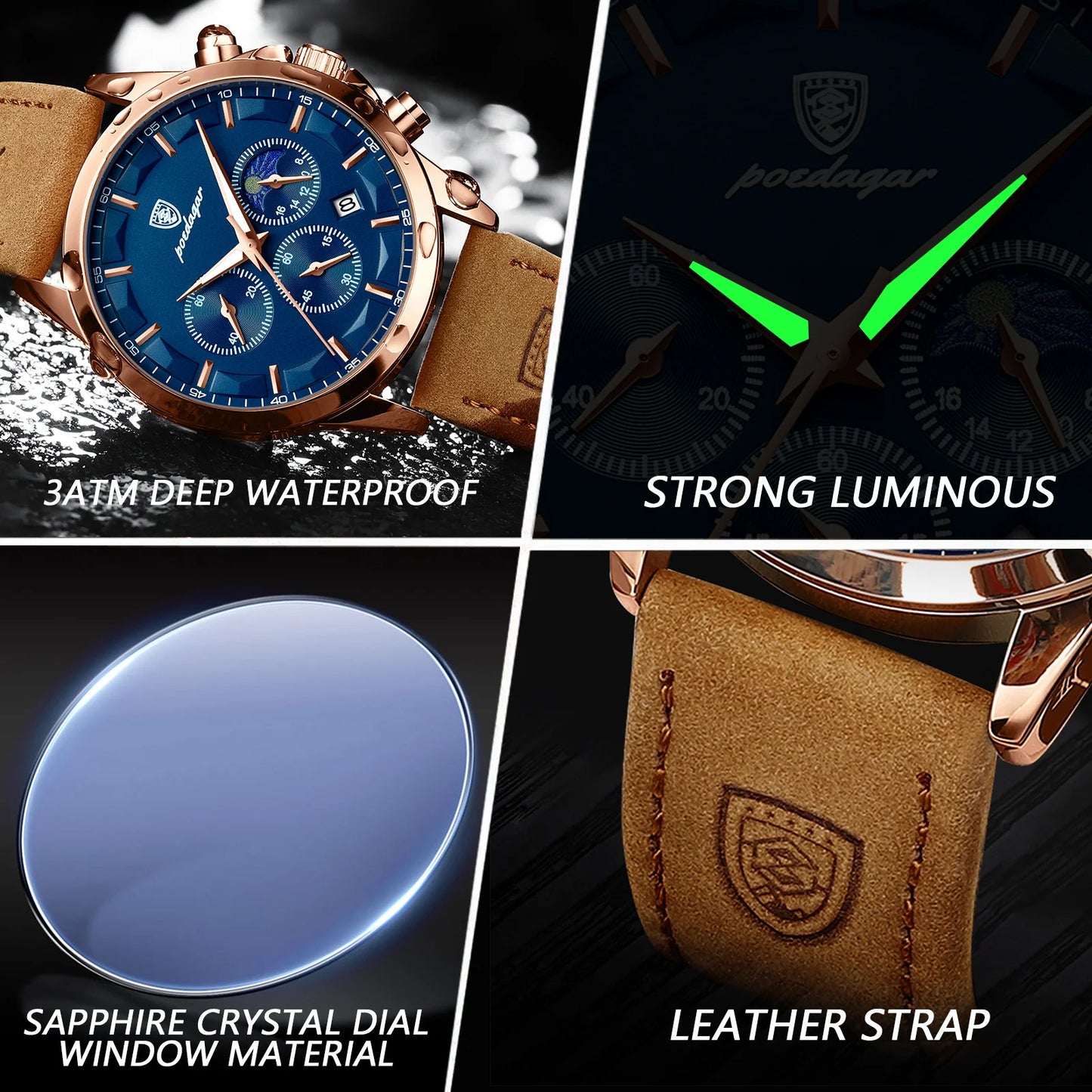 “Men’s Luxury Sports Watch: Waterproof Chronograph, Luminous Display, Business Leather Design.”