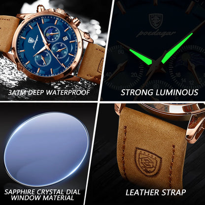 “Men’s Luxury Sports Watch: Waterproof Chronograph, Luminous Display, Business Leather Design.”