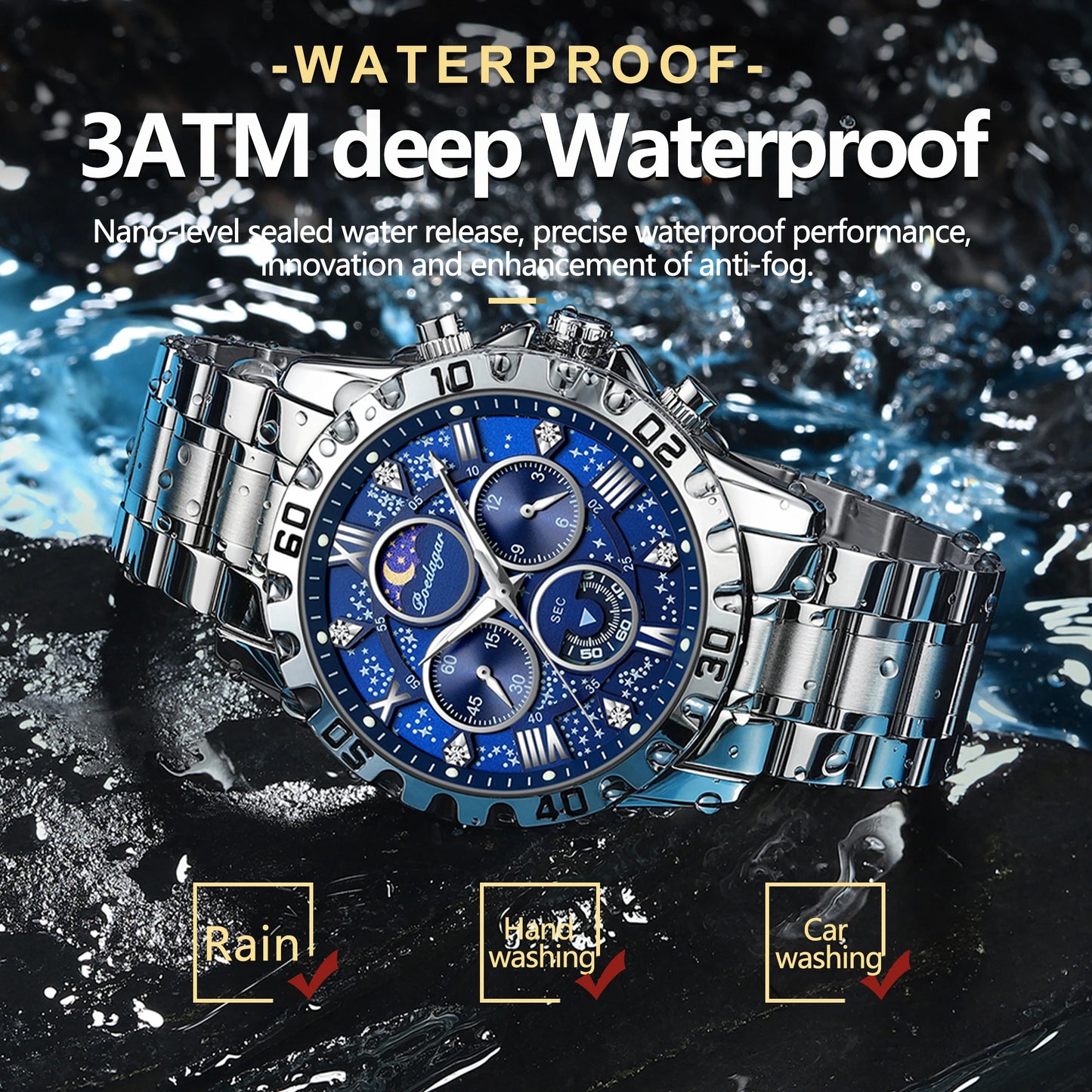 “Luxury men’s quartz sports watch, waterproof, luminous, stainless steel chronograph.”