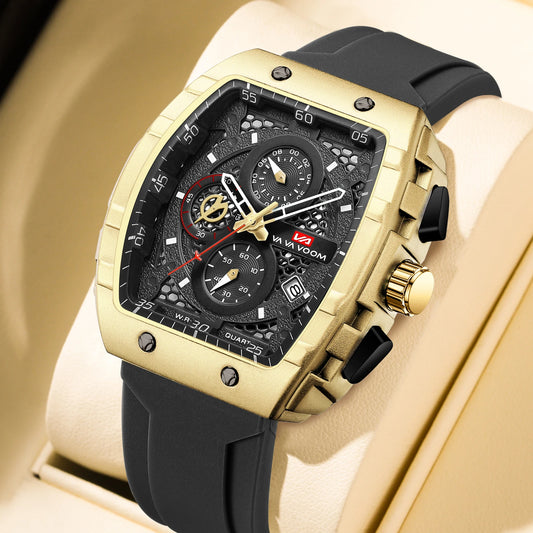 “Men’s multifunctional watch with quartz movement, blue dial, silicone strap, casual fashion.”
