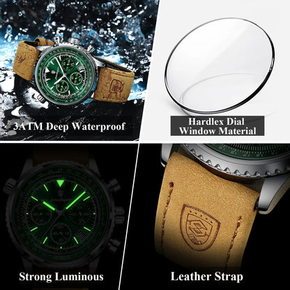 “Luxury waterproof quartz men’s watch with luminous date chronograph.”