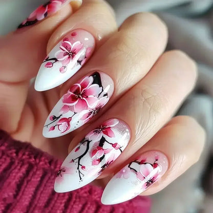 “24Pcs Matte Almond Press-On Nails – Autumn Winter Rose Leaf Design, Full Cover with Glue”
