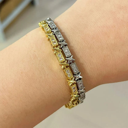 “Elegant X Cross Zirconia Charm Bracelet for Women and Men, Luxury Wedding Party Jewelry.”
