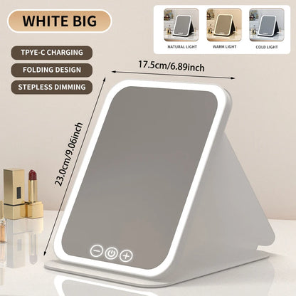 "3 Colors dimmable LED makeup mirror with touch screen, foldable, rechargeable, travel-friendly."