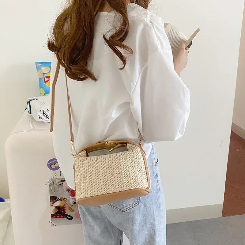 “Summer Small Straw Handbag Trendy Woven Bucket Crossbody Shoulder Bag Casual.”