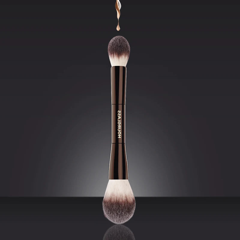 “Veil powder brush, soft fiber, double head, lightweight, perfect for smooth face makeup.”
