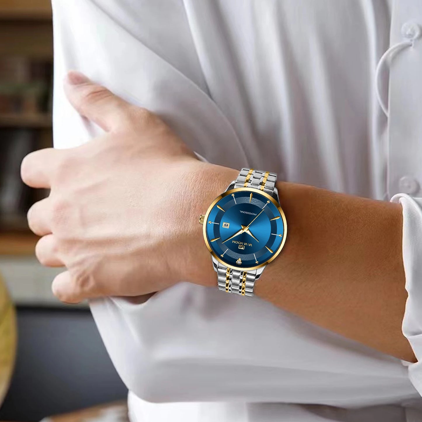 “Men’s Stainless Steel Luxury Watch, Blue-Gold Quartz, Business Style, 43mm.”