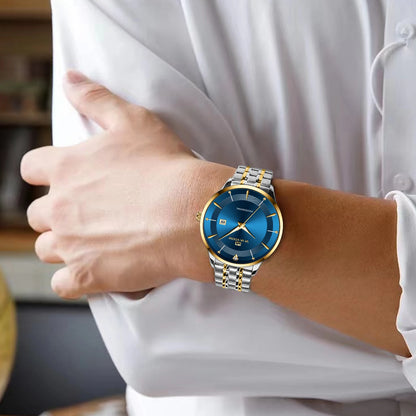 “Men’s Stainless Steel Luxury Watch, Blue-Gold Quartz, Business Style, 43mm.”