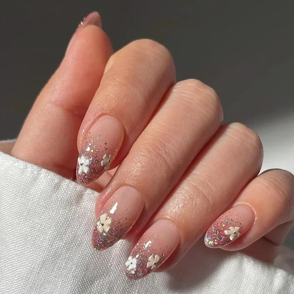 “24Pcs Matte Almond Press-On Nails – Autumn Winter Rose Leaf Design, Full Cover with Glue”