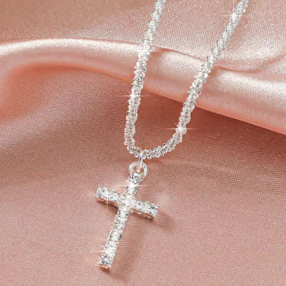 “Simple Sparkling Cross Collarbone Necklace – Cauliflower Chain with Full Star Choker”
