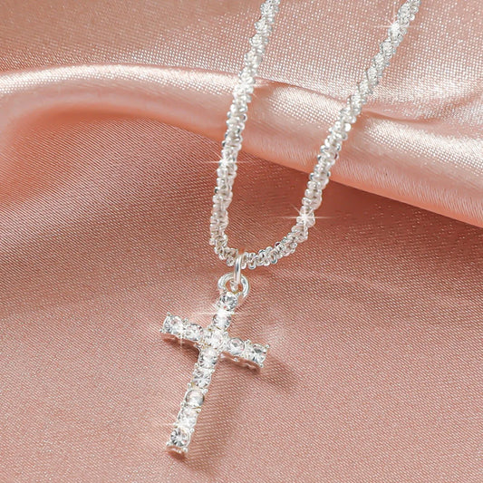 “Simple Sparkling Cross Collarbone Necklace – Cauliflower Chain with Full Star Choker”