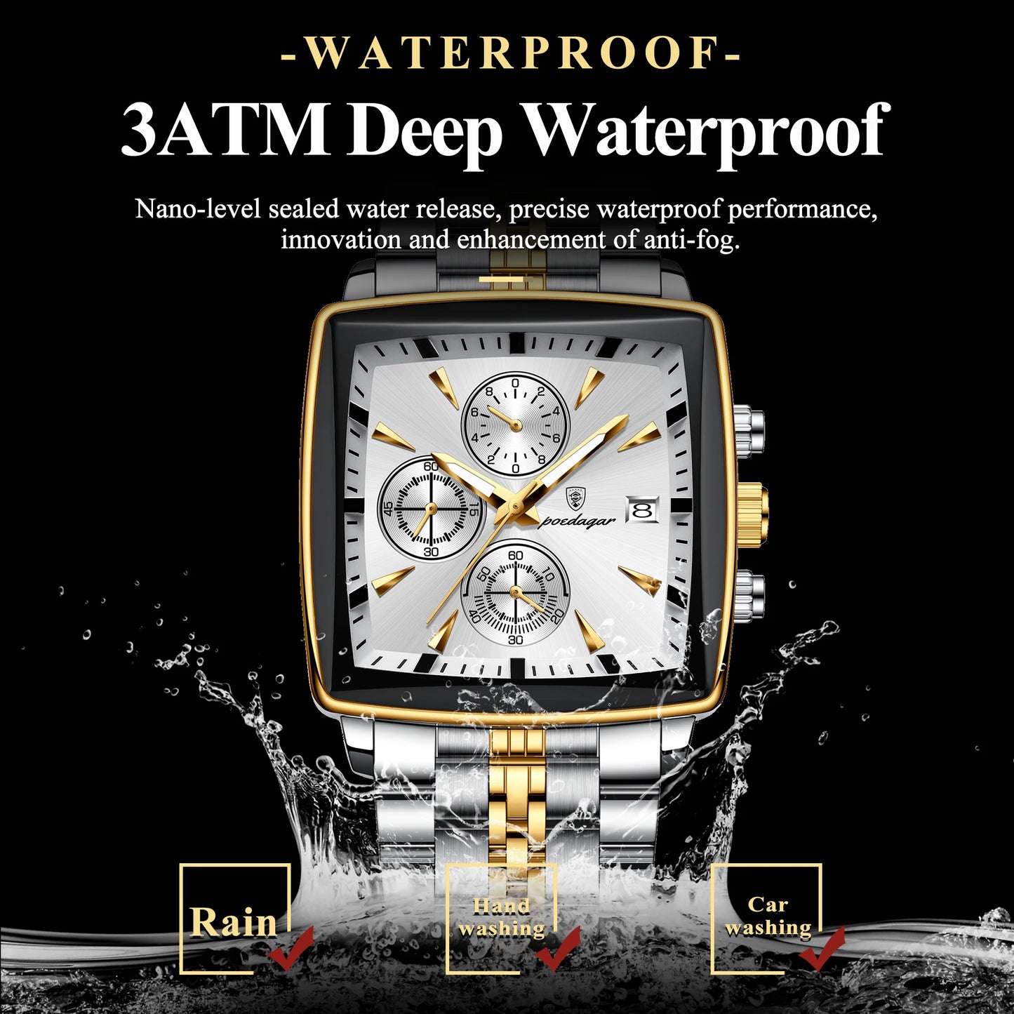 “Luxury waterproof square sport men’s watch with luminous chronograph, quartz, stainless steel.”