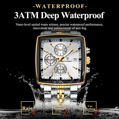 “Luxury waterproof square sport men’s watch with luminous chronograph, quartz, stainless steel.”