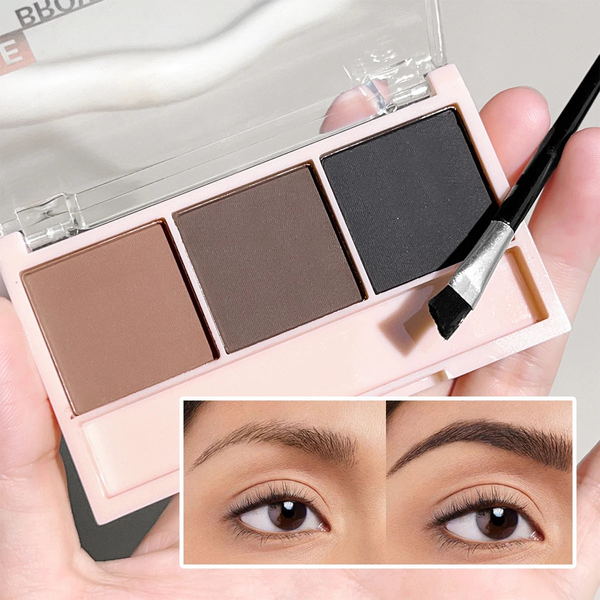 “3-Color Brow Powder Set with Brush, long-lasting, natural, versatile contour, color-resistant makeup.”