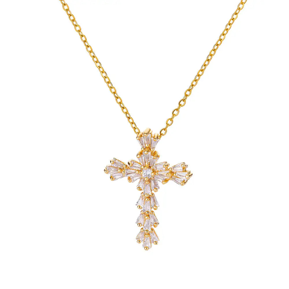 “Zircon Cross Pendant Necklace for Women - Gold Stainless Steel Jewelry.”
