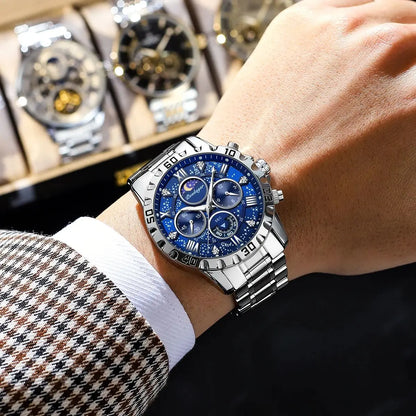 “Luxury men’s quartz sports watch, waterproof, luminous, stainless steel chronograph.”