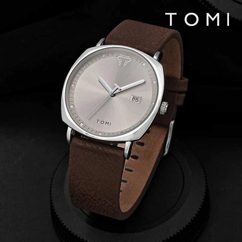“Minimalist men’s sports watch with calendar, leather strap, casual quartz movement.”