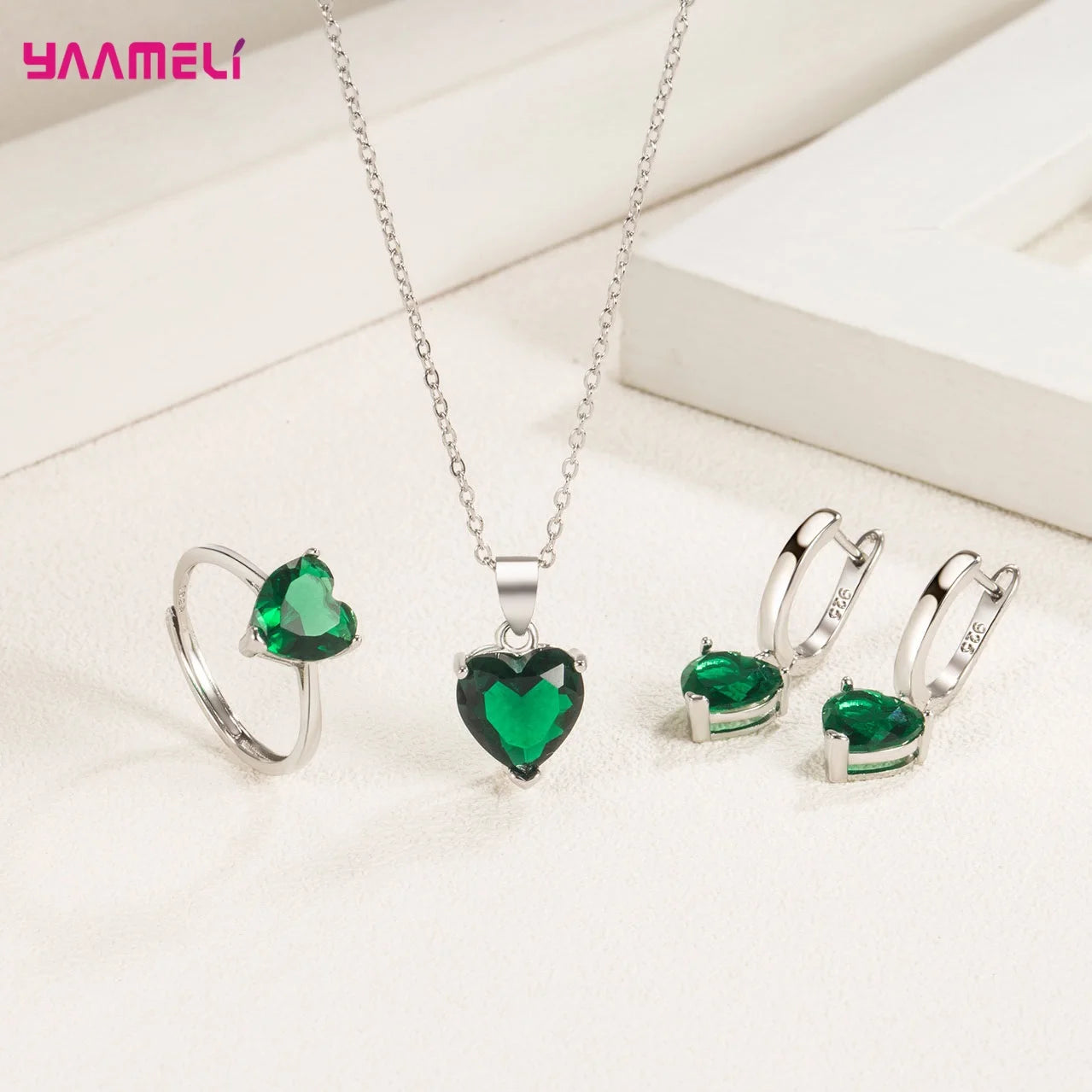“Romantic 925 Sterling Silver Jewelry Set - Heart-Shaped Zircon Earrings, Necklace, and Ring.”
