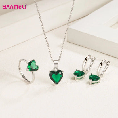“Romantic 925 Sterling Silver Jewelry Set - Heart-Shaped Zircon Earrings, Necklace, and Ring.”