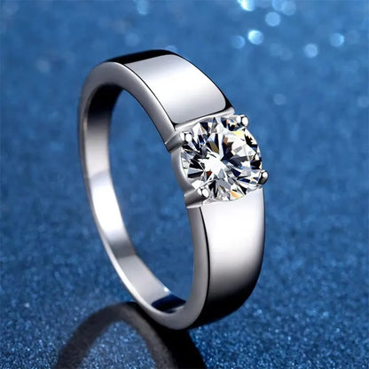 “2-carat D color moissanite men’s wedding band, 925 sterling silver, GRA certified.”