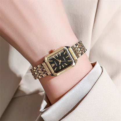 “Luxury Ladies’ Fashion Quartz Watch - Gold-Plated Square Design, Stainless Steel Strap.”