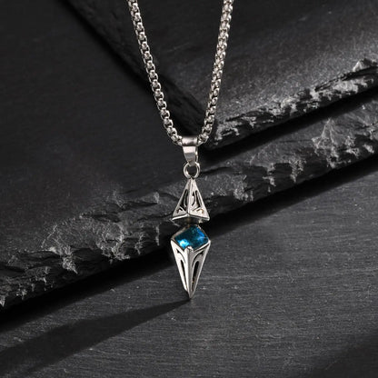 “Stylish Blue Stone Necklace for Men & Women - Stainless Steel Geometric Pendant.”