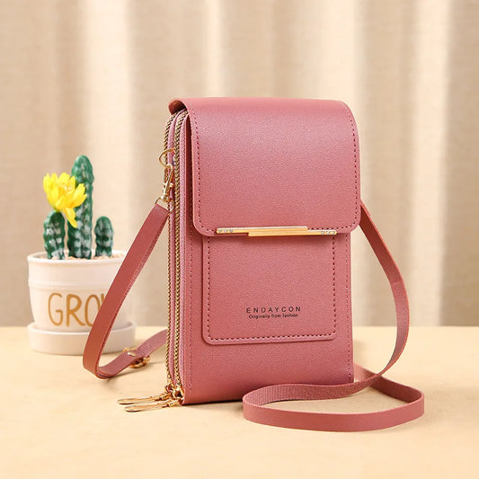 “Women’s soft leather crossbody handbag with touch screen phone purse, small wallet.”