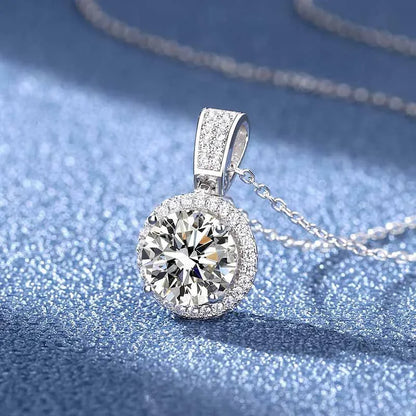 “2-carat moissanite necklace, sterling silver, white gold plated, elegant wedding jewelry.”