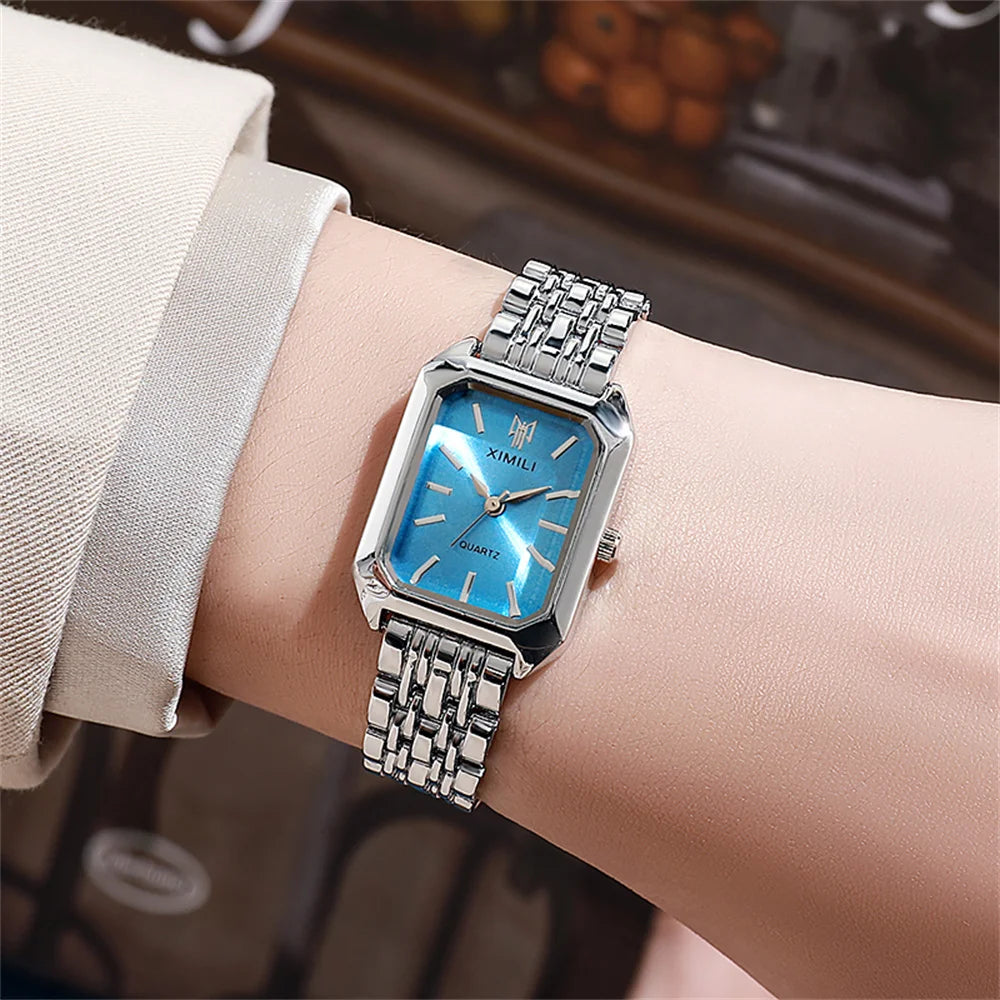 “Luxury Ladies’ Fashion Quartz Watch - Gold-Plated Square Design, Stainless Steel Strap.”