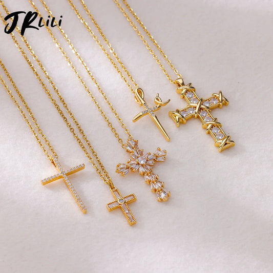 “Zircon Cross Pendant Necklace for Women - Gold Stainless Steel Jewelry.”