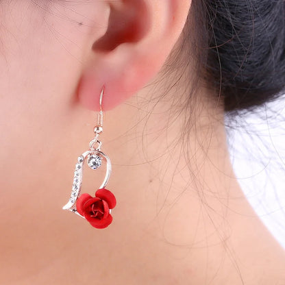 “New Fashion Red Rose Drop Earrings - Vintage Rhinestone Flowers for Weddings & Parties.”