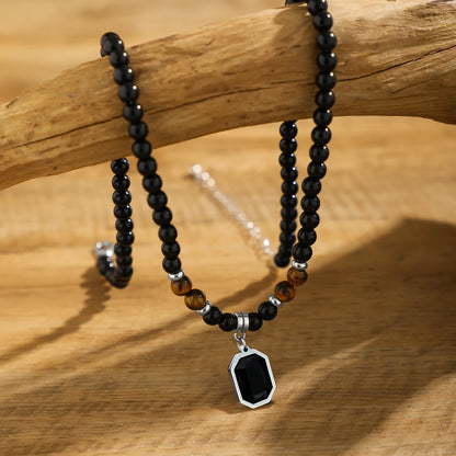 “Black Beads with Square Pendant Necklace for Men - Trendy Fashion Jewelry.”