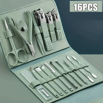 “16-piece professional manicure set with nail clippers, cuticle nippers, and travel case.”