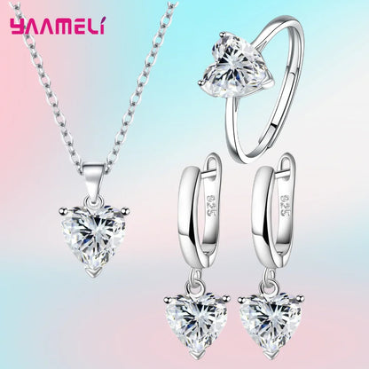 “Romantic 925 Sterling Silver Jewelry Set - Heart-Shaped Zircon Earrings, Necklace, and Ring.”