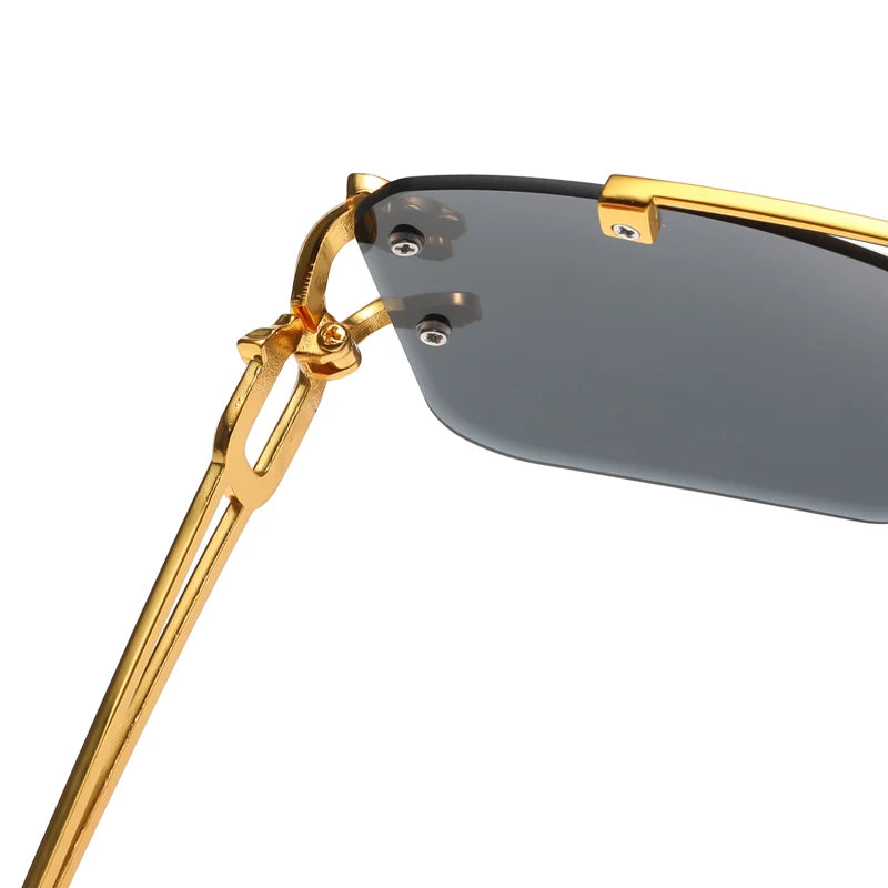 “Rimless square sunglasses with double bridge, vintage unisex fashion style.”