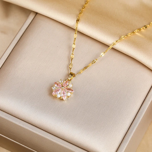 “Romantic Pink Sakura Pendant Necklace, Stainless Steel Clavicle Chain Jewelry”