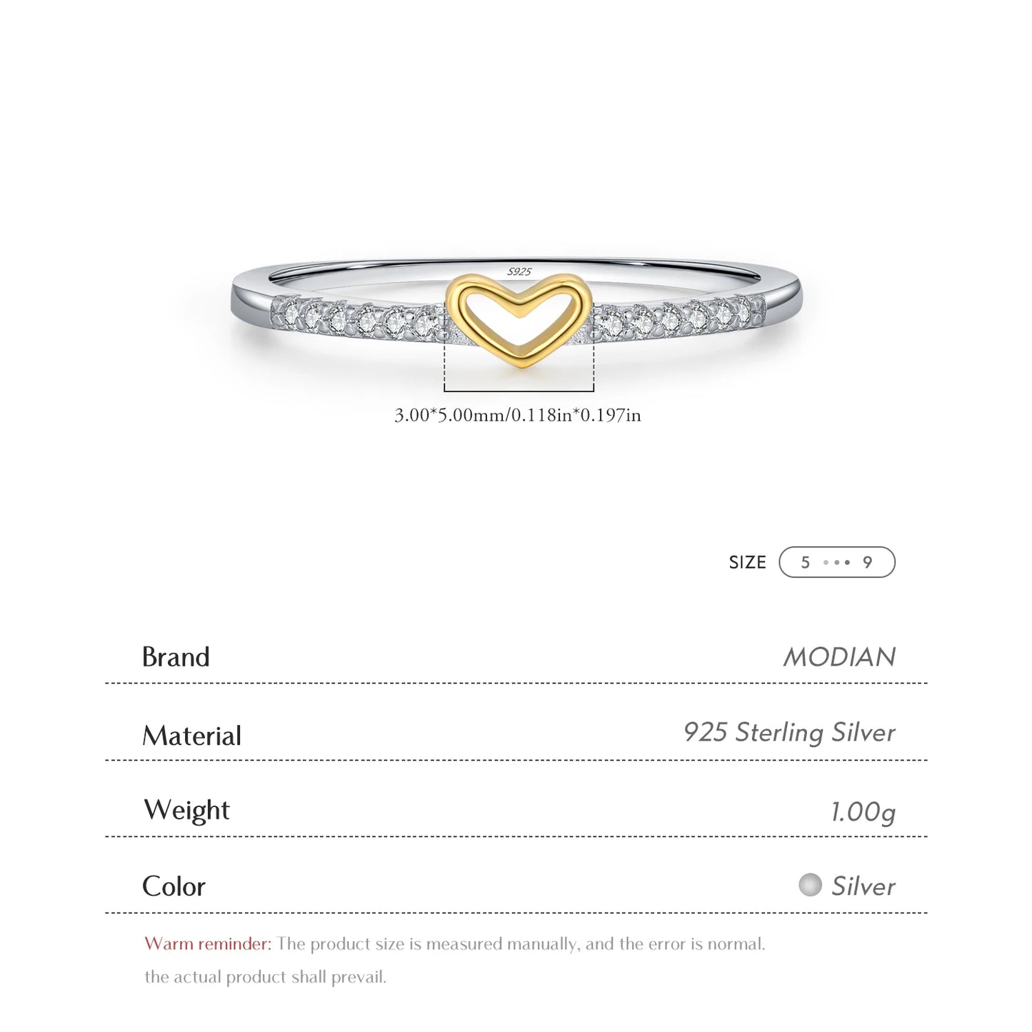 “925 Sterling Silver Simple Romantic Heart Finger Ring Trendy Metallic Contrast Design Jewelry.”