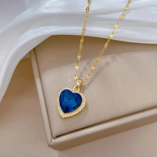 “Women’s 316L Stainless Steel Heart Pendant with Big Blue Zircon Stylish Gift”