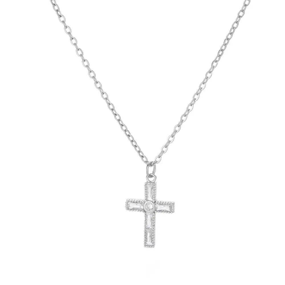 “Zircon Cross Pendant Necklace for Women - Gold Stainless Steel Jewelry.”