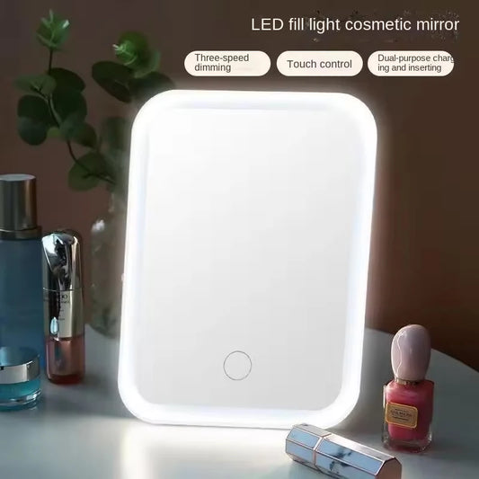 “LED Touch Screen Makeup Mirror, Folding Lighted Mirror, 3 Color Modes, USB Rechargeable”