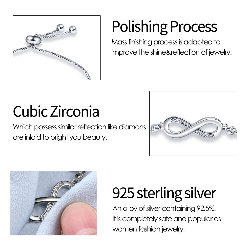 “Authentic 925 sterling silver infinity bracelet, adjustable design, elegant gift for women.”