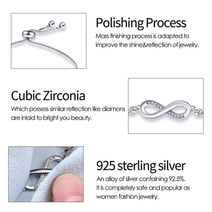 “Authentic 925 sterling silver infinity bracelet, adjustable design, elegant gift for women.”
