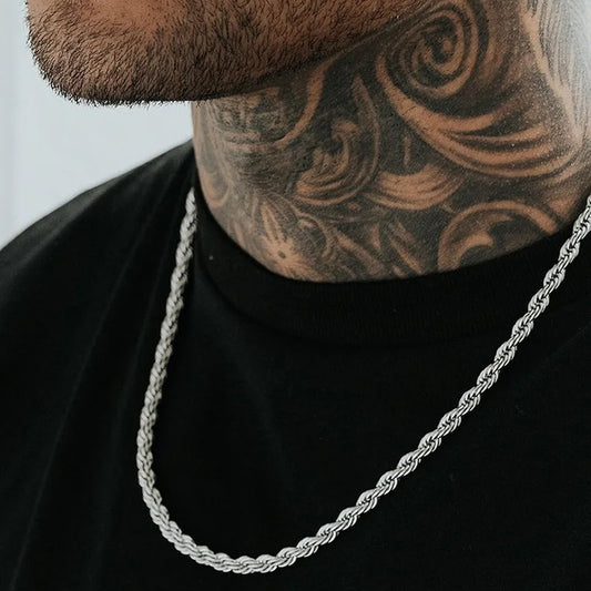 “Men’s Long Rope Necklace - Stainless Steel Minimalist Twist Chain, Gold & Silver.”