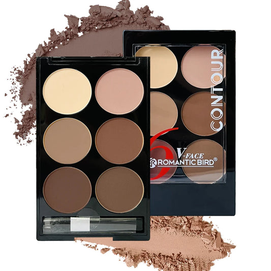 “6-color contour palette: face sculpting, highlight, bronzer with brush.”