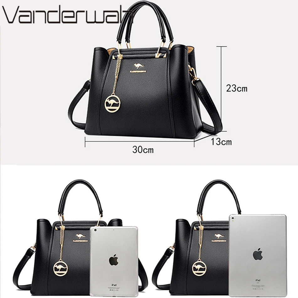 “Luxury women’s designer leather handbag, 3 layers, large capacity, shoulder crossbody tote.”