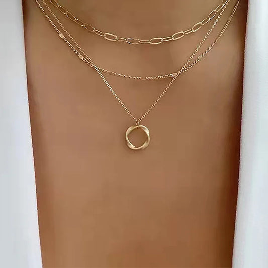 “IPARAM Gold Multi-Layered Chain Necklace – Vintage Circle Pendant, Fashion Jewelry for Women & Girls”